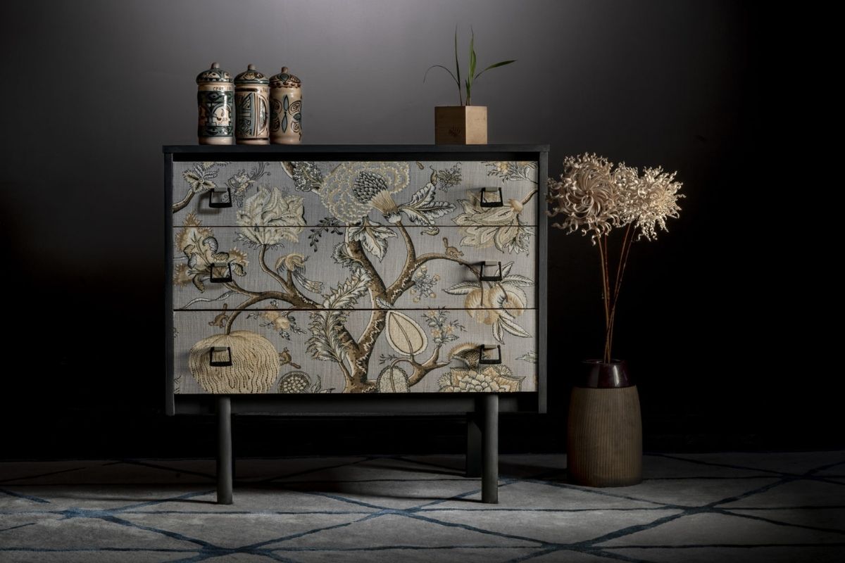 Pondicherry Chest of Drawers – 1960s with Pondicherry fabric from Scalamandre and Craig & Rose chalky emulsion
